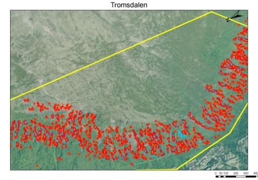 Lussidalen: _ Area = 7 000 000 m 2 _ Frequency of model 13 starting zones = 459 _ Frequency of model 5 starting zones = 151 Junkerdalen: _ Area = 28 000 000 m 2 _ Frequency of model 13 starting zones