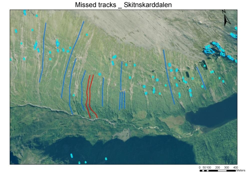 Figure 8: aerial photograph of Skintnskarddalen showing the missed tracks. Red lines show tracks missed by model 13, blue lines show tracks missed with model 5. 3.