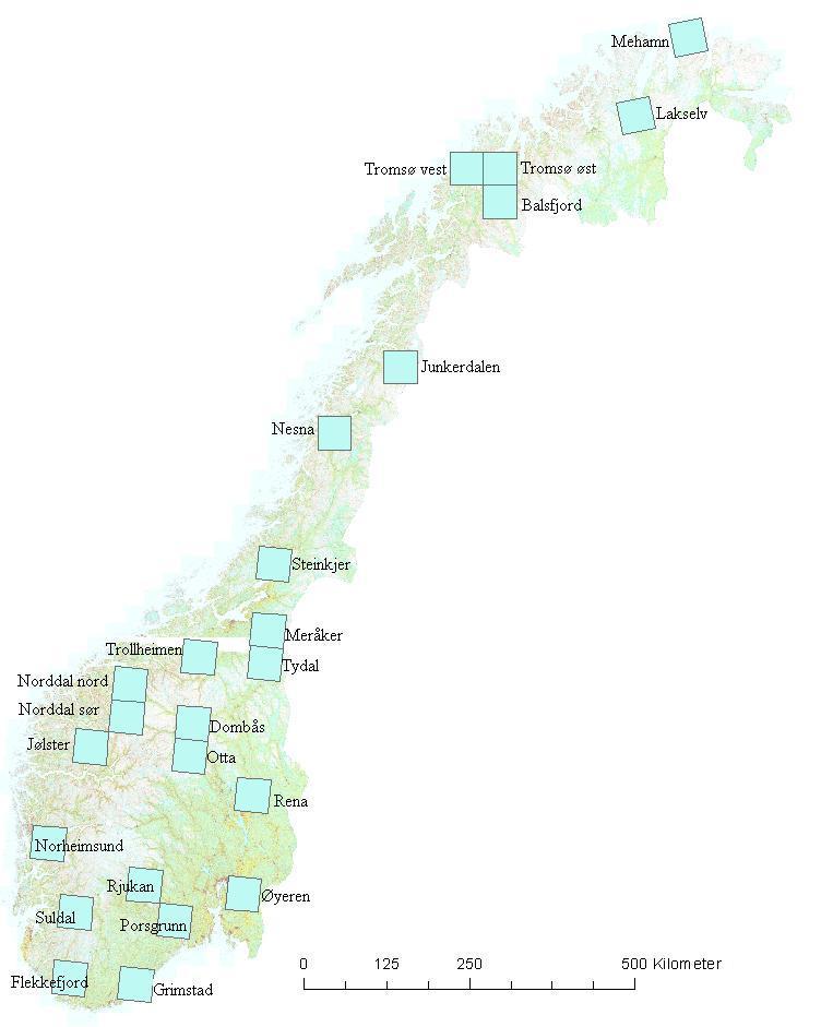 Figur 1: Alle analyserte områder med navnsetting Løsmassekartene inneholder veldig mange forskjellige