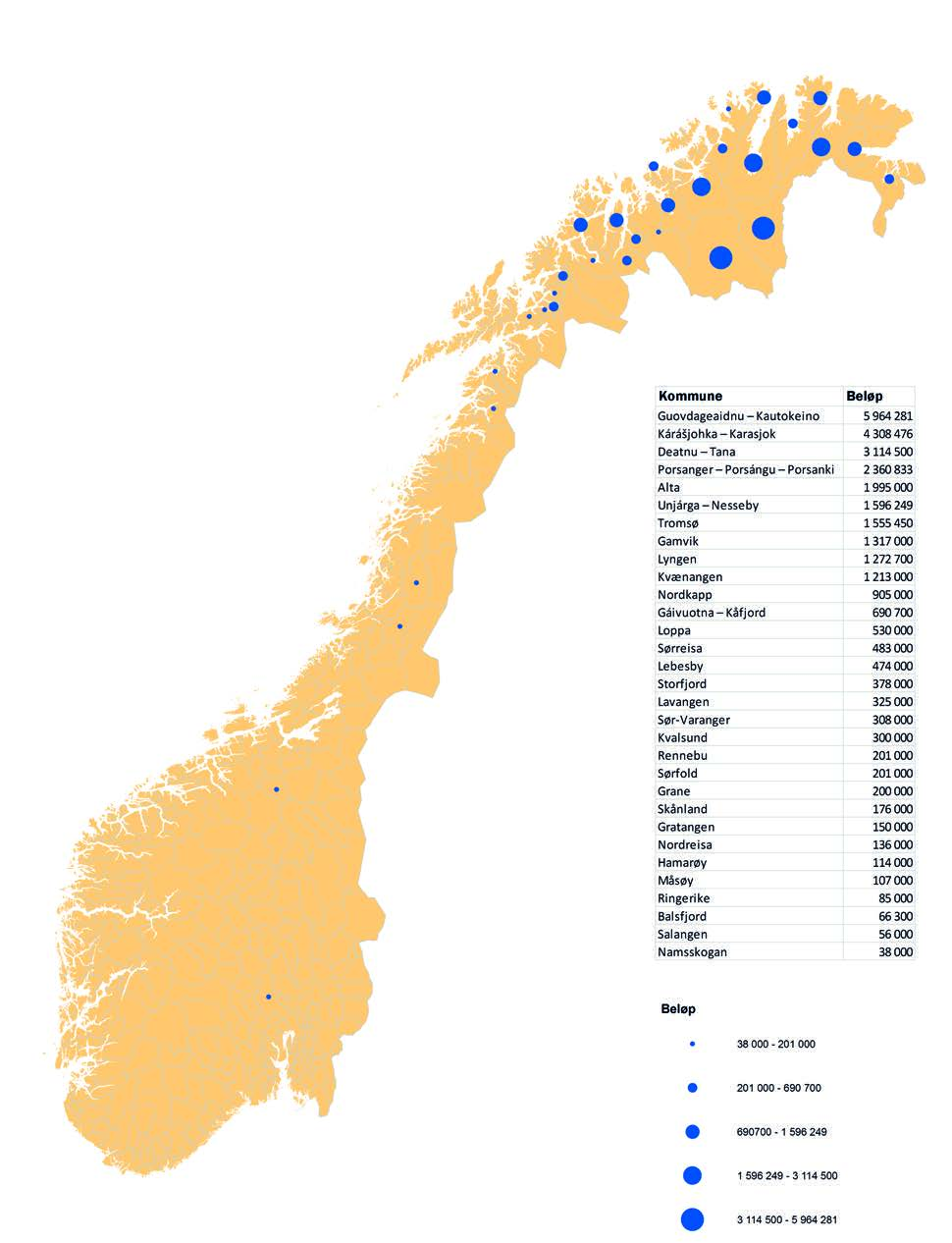 2011 2012 Meld. St. 35 59 Figur 1.5 Kartet viser fordelingen kommunevis av de innvilgede tilskuddene i 2011 til søkerbaserte ordninger innenfor næring.