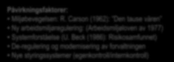 Et markert skifte innen risikoregulering Påvirkningsfaktorer: Miljøbevegelsen: R. Carson (1962): Den tause våren Ny arbeidsmiljøregulering: (Arbeidsmiljøloven av 1977) Systemforståelse (U.