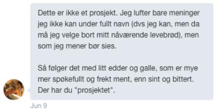 Også i klagen bekrefter MGL at hun forsto hvor alvorlige konsekvenser hennes dobbeltrolle kunne få om den ble avslørt, i det hun selv oppgir å ha svart Gard Michalsen fra Medier24 da han første gang