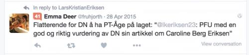 Kriseintervjuet @fruhjorth omtalte hadde stått på trykk i Dagens Næringsliv den 16. januar 2015. Det var skrevet av journalist Jonas Forsang. Avisen ble klaget inn for PFU, men ikke felt.