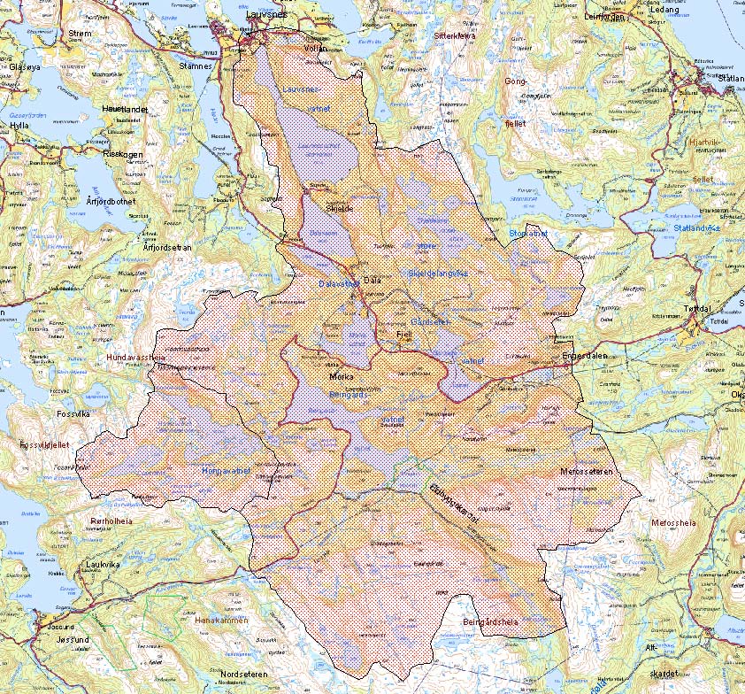 Naturlig nedbørfelt ved utløpet av Lauvsnesvatnet: 103 km 2 (basert på NVEs kartdatabase). Ved utløpet i havet kommer et tilleggsfelt på 1 km 2. Figur2.