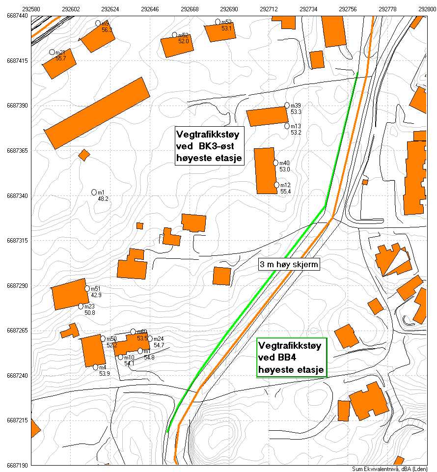 Vedlegg 5 Beregning av vegtrafikkstøy fra Hjellestadvegen BK3 og BB4 med 3 m høy skjerm langs vegen. Høyeste etasje er regnet som 8 m over terreng.