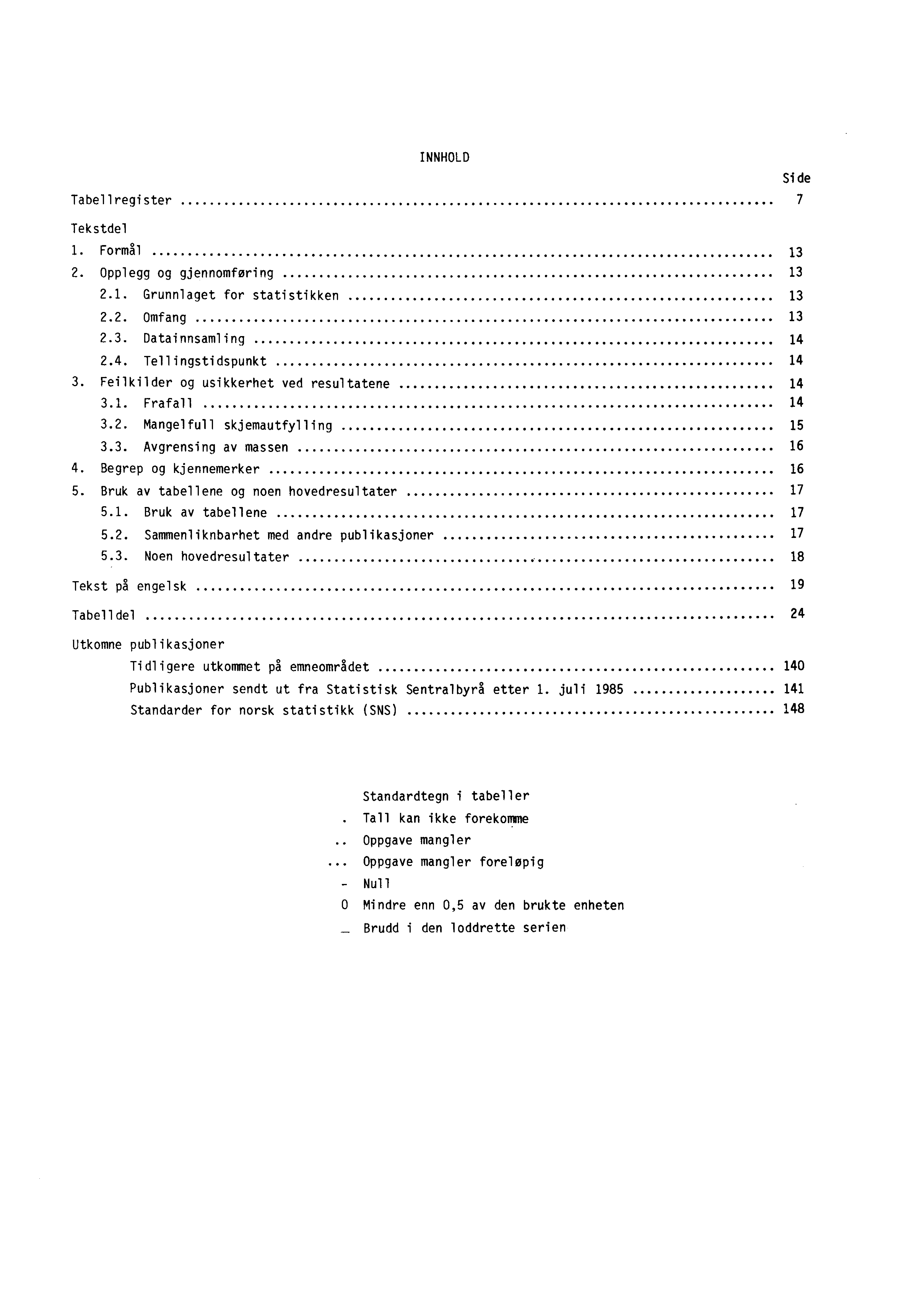 INNHOLD Tabellregister 7 Tekstdel 1. Formal 13. Opplegg og gjennomføring 13.1. Grunnlaget for statistikken 13.. Omfang 13.3. Datainnsamling 14.4. Tellingstidspunkt 14 3.