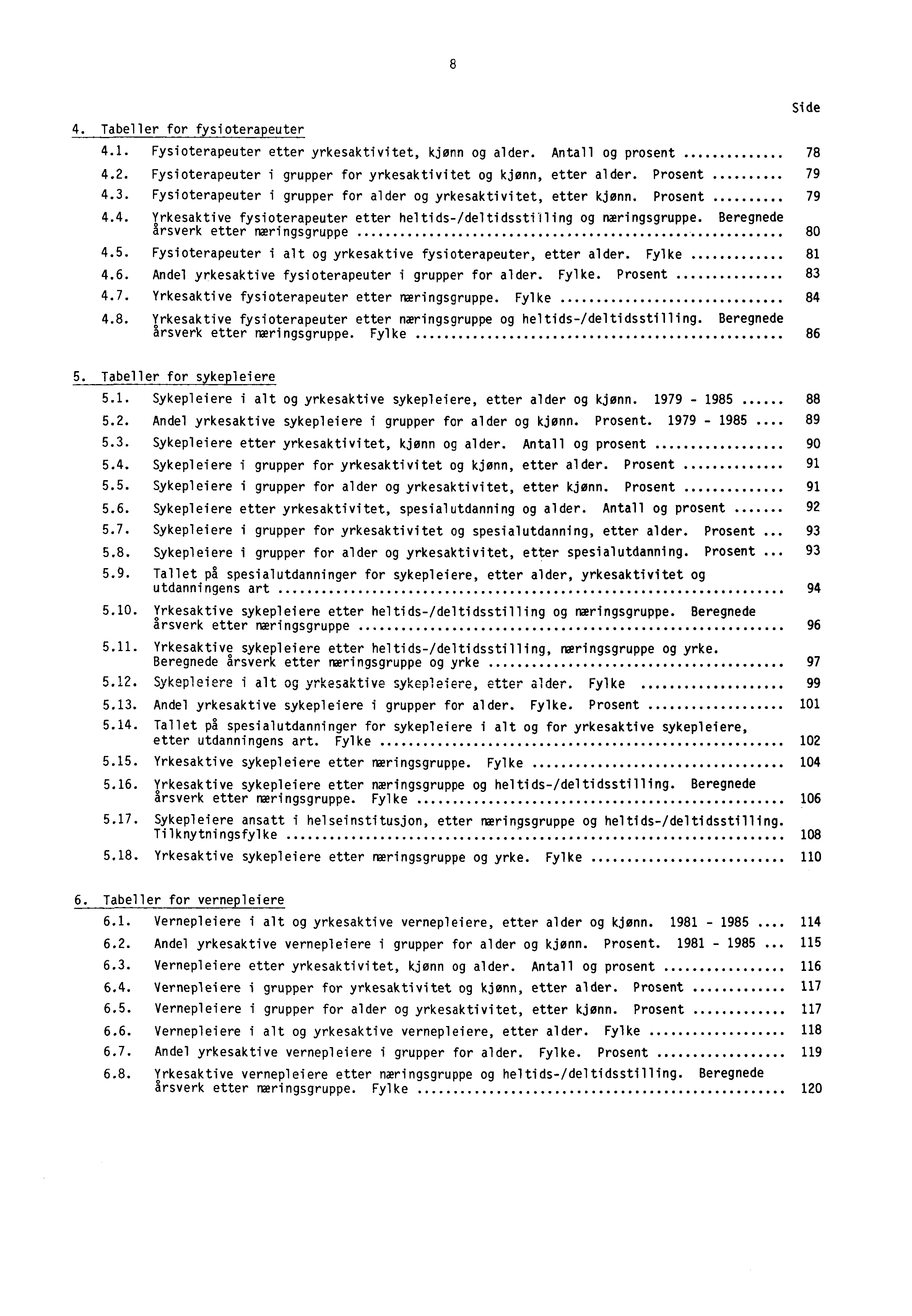 8 4. Tabeller for fysioterapeuter Side 4.1. Fysioterapeuter etter yrkesaktivitet, kjønn og alder. Antall og prosent 78 4.. Fysioterapeuter i grupper for yrkesaktivitet og kjønn, etter alder.