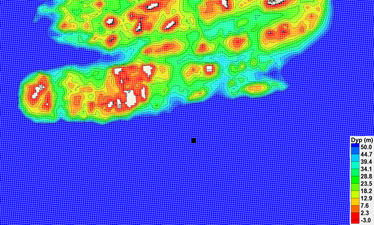 Figur 4: Illustrasjon av det kartesiske 20 m x 20 m gitteret (i hvite ruter) brukt i CMS-Wavemodelleringene ved Blikvær. Bunntopografien er avtegnet i farger, med skala fra -3 til 50 m.