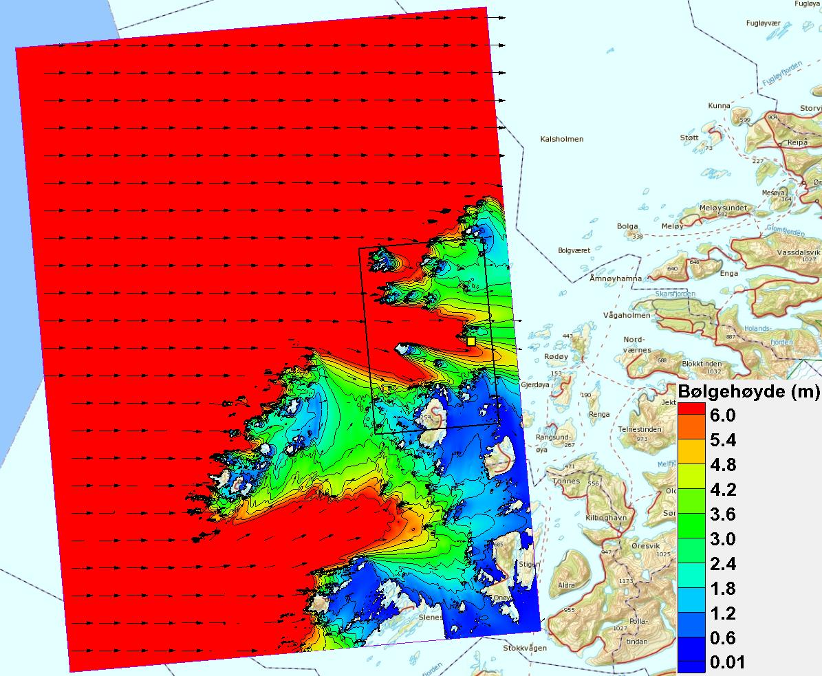 Figur 5: CMS-Wave-modellering ved lokaliteten Blikvær (markert med gult firkant) i Rødøy kommune i Nordland, med havbølger som kommer fra vest (270 grader).