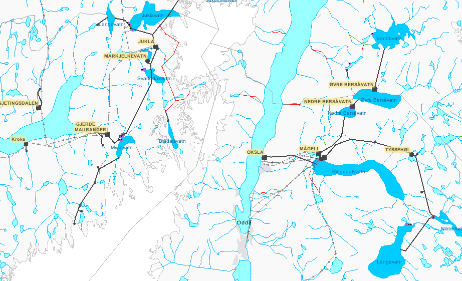 2.5 Mauranger Oksla Tysso Følgende 3 case er analysert i tilknytning til Mauranger Oksla Tysso: E1 Effektverk Mauranger (Juklavatn sjø) E2 Effektverk Oksla (Ringedalsvatn sjø) E3 Pumpekraftverk Tysso