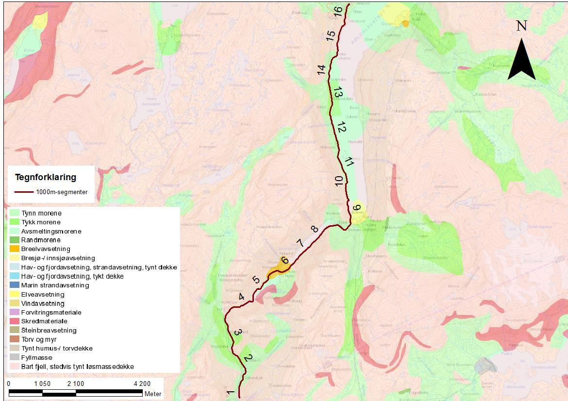 Rv. 13 Brattlandsdalen, Hordaland grense - Håra, strekningsanalyse 9 I følge lausmassekart hos NGU ligg strekninga i en dal med mykje bart fjell med innslag av morene med varierande mektighet (Figur