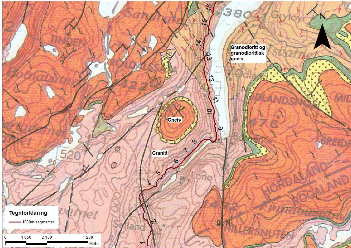 Rv. 13 Brattlandsdalen, Hordaland grense - Håra, strekningsanalyse 10 Figur 2: Berggrunnskart fra NGUs kartteneste. Enhetsstrekninger på 1km er teikna inn.