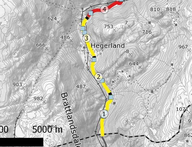 Rv. 13 Brattlandsdalen, Hordaland grense - Håra, strekningsanalyse 16 Parsell: 1 Rogaland grense - Hegerland Km 0,0 3,0 Prosjektskildring Vegstandard: Profil 0 980 Profil 980-2800 Rv 13 frå Nesflaten