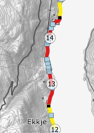 Rv. 13 Brattlandsdalen, Hordaland grense - Håra, strekningsanalyse 35 Parsell: 6 Ekkje - Vikanes Km 12,0 14,0 Prosjektskildring Vegstandard: Veg i svakt sidebratt terreng langs Røldalvatnet.