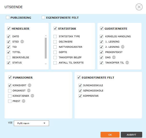 Nederst til venstre (VIS) velger du hvilket format navn på kontakter skal vises med: Fullt navn, Etternavn, Fornavn, Initialer. Felt merket med dette er satt opp).