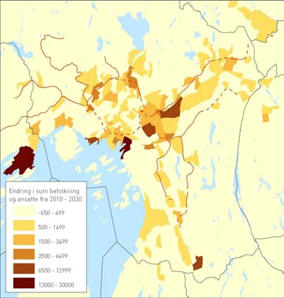 Figur 5. Endring i befolkning og arbeidsplasser 2010-2030.