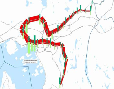 M3 Vestli Storo - Mortensrud Figur 18. Illustrasjon av påstigende, avstigende og belegg om bord på M3 mellom Vestli og Mortensrud i morgenrush.