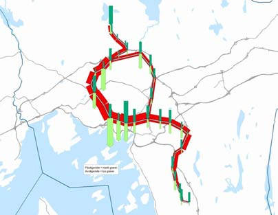 M4 Sognsvann Ringbanen - Bergkrystallen Figur 21. Illustrasjon av påstigende, avstigende og belegg om bord på M4 mellom Sognsvann og Bergkrystallen via Ringbanen i morgenrush.