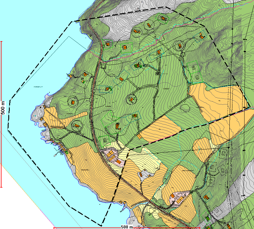 1.2 Landbruk og kulturlandskap Dyrka marka til Lauvneset gnr.24/1 ligger på begge sider av kommunal veg, vest, sørvest og øst i planområdet.