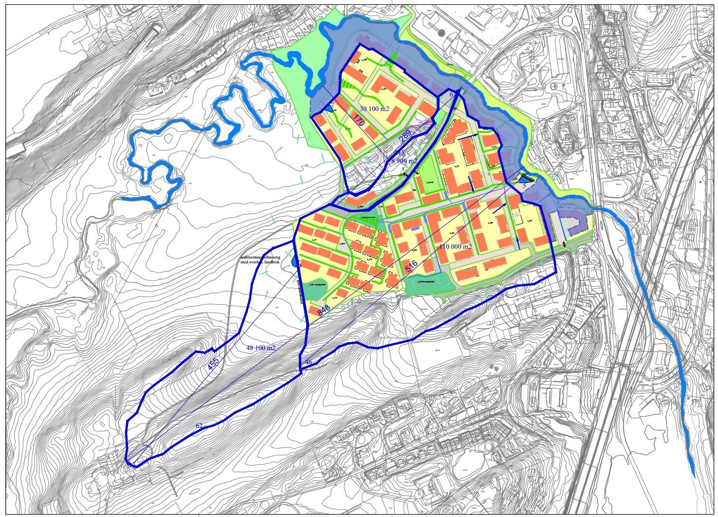 NF 1 NF 2 NF 3 NF 4 Figur 5-1. Inndeling av planområdet i nedbørfelt. Det største avrenningsfeltet er NF 3 med at areal på ca. 11 ha.