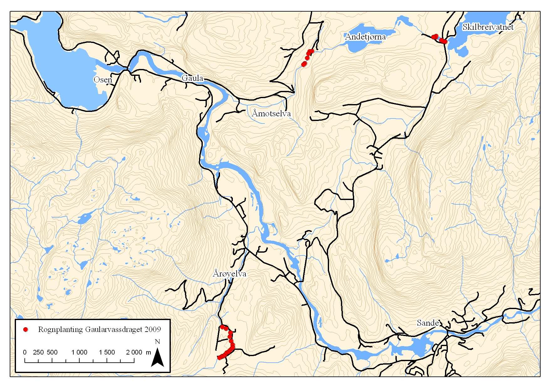 Figur 2. Oversikt over steder der det ble plantet ut rogn i sideelvene Årøy- og Åmotselva i Gaularvassdraget vinteren 2009.