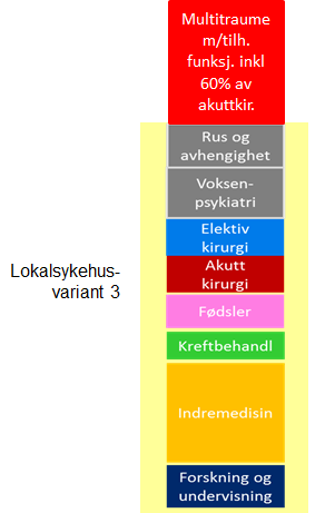 For alternativ 2, delt løsning beskrives likevel to målbilder, ett med og ett uten et lokalsykehus i tillegg til virksomhet på Gaustad og Ullevål. Se figuren nedenfor.