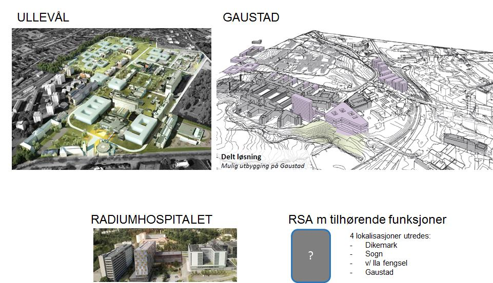 Figur 7 Skisse til fysisk løsning for alternativ 2, Delt løsning Skissen på Radiumhospitalet er hentet fra det private initiativet.