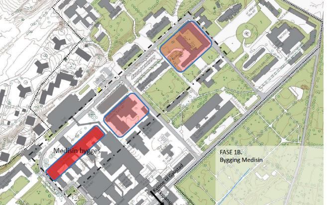 Fase 1A Forberedende fase der nødvendig ny teknisk infrastruktur bygges og bygg rives for å kunne sette opp rokeringsbygg i med nærhet til kjernestrukturen. Fase 1A forts.