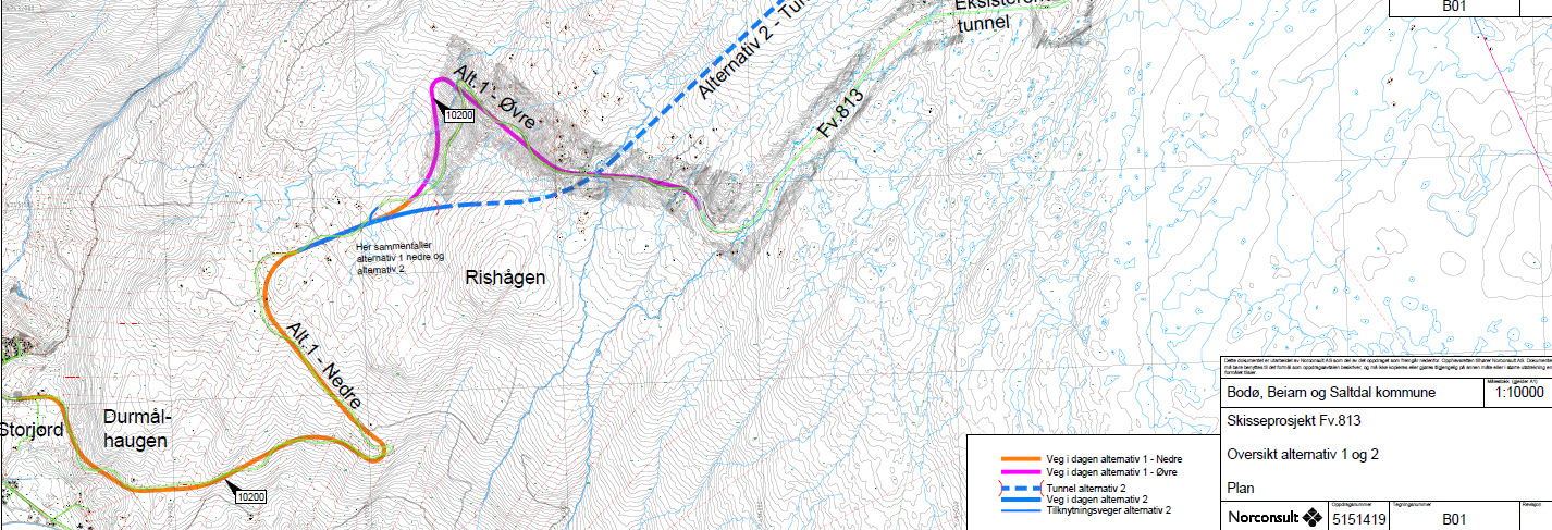 Fv. 813 Utbedring/tunnel over Beiarfjellet Veien over Beiarfjellet ble oppgradert for noen år siden. Over selve fjellet og et stykke ned i lia ovenfor Storjord, er derfor standarden ganske bra.