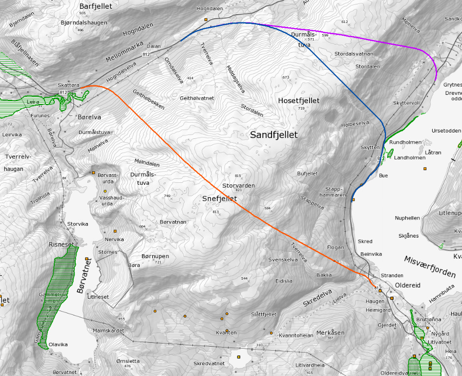 Alternativ 1 tunnel Børelv-Oldereid Alternativet er illustrert med orange farge på bildet nedenfor. Alternativet starter i Børelv og svinger av til høyre i starten av stigningen opp mot Hogndalen.