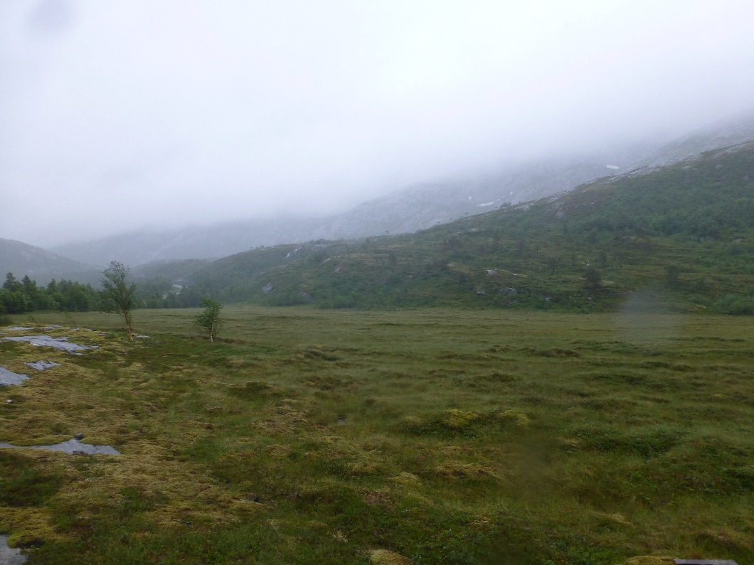 Figur 13: Alternativ 2 er vist med blå strek ovenfor Figur 14: Påhuggsområde Hogndalen Ved Hoset går hovedalternativet gjennom en bolig og med nærføring til flere boliger.