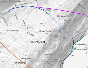 Figur 15: Påhuggsområde Hogndalen Alternativ 3 tunnel Hogndalen - Bue Dette Mellomalternativet starter på samme plass som alternativ 2 men dreier mer sørøstover og kommer ut ved Bue.