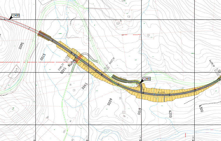 Alternativ 3: Vei i dagen og tunnel 5000m Alternativ 3 ( rosa linje) går inn i tunnel under eksisterende vei Tverråmoen og kommer ut av tunnel like øst for Ljøsenhammersetra. Tunnelen er ca.