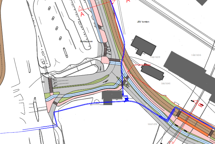 1.1 Det er et alternativ at eksisterende bybane legges rundt Bygarasjen. Figur 8 viser denne løsningen i alternativ 6b.