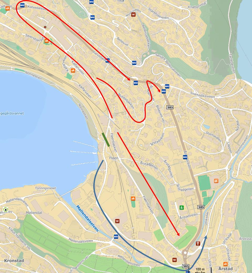 1.1 Figur 18 Mulige omkjøringsruter ved en bom plassert ved dagens jernbanespor Figuren viser mulige omkjøringsruter ved en ny bom ved jernbanesporet.