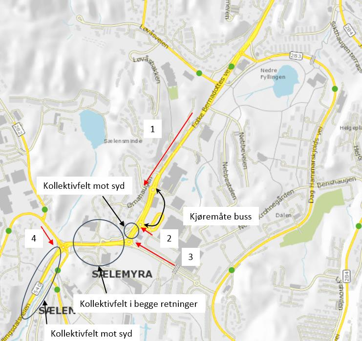 Figur 45 Oversikt over områder med kollektivfelt (etablerte og planlagte) og områder hvor det er behov for kollektivprioritering. 1.