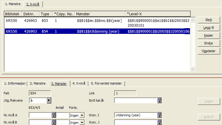 2.2.4. Supplementer og registre Hvis supplementer og registre utkommer i et mønster kan dette registreres med selvstendige fremskrivinger. Supplementer registreres i felt 854 og registre i felt 855.