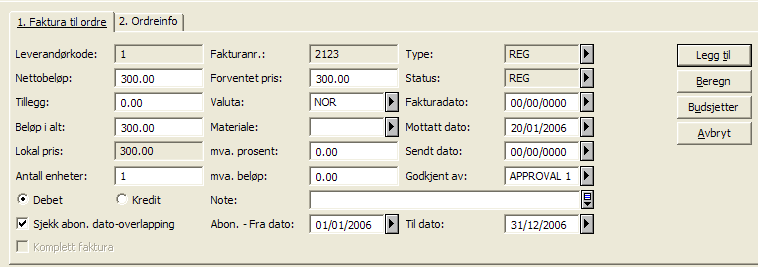 8.2. Mottak / fakturering Ved mottak registreres fakturaen Som standard er det krysset av i ruten for Sjekk abon. dato-overlapping.