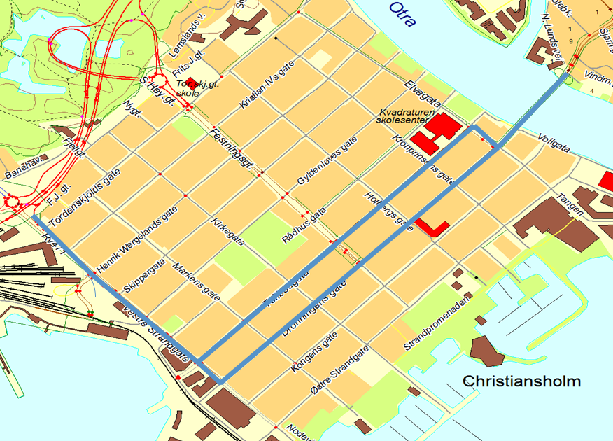 Fig. 6.12 Skisse over alternative hovedtraseer for buss gjennom Kvadraturen. Et alternativ er å ha all busstrafikk i Tollbodgata.