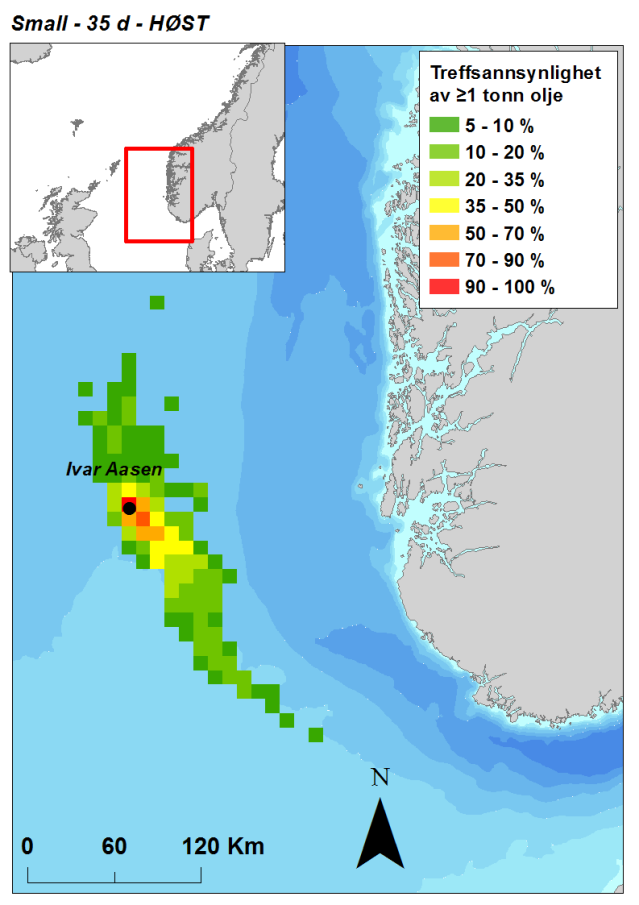 Figur 3-1 Sannsynligheter for treff av mer enn 1 tonn olje i 10 10 km sjøruter gitt en lekkasje fra Ivar Aasen rørledning (Lite = small).