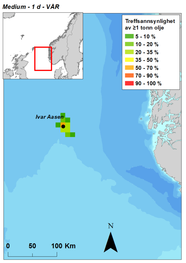 Figur 3-3 Sannsynligheter for treff av mer enn 1 tonn olje i 10 10 km sjøruter gitt en lekkasje fra Ivar Aasen rørledning (medium).