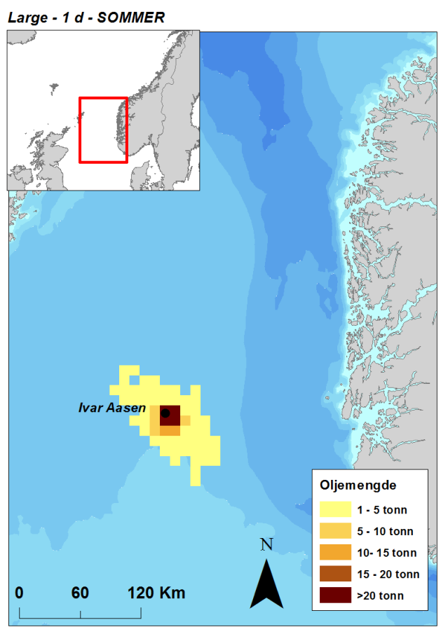 Figur 3-6 Tidsmidlet oljemengde i 10 10 km sjøruter gitt lekkasje fra Ivar Aasen rørledning (Stort = large, 1d).