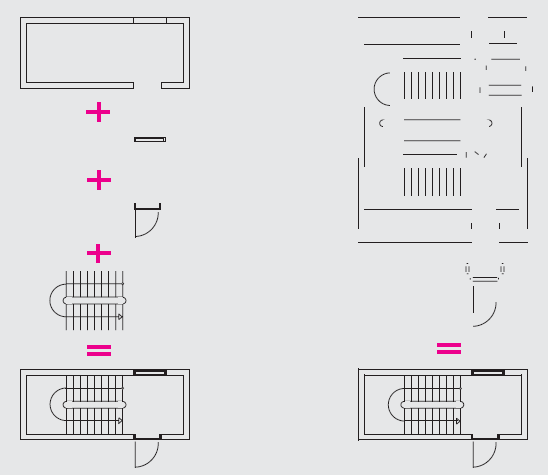 Fig 4.6. Trapperom oppbygd av 4 objekter (i objektorientert prosjektering) eller av 64streger (i tradisjonell CAD prosjektering).
