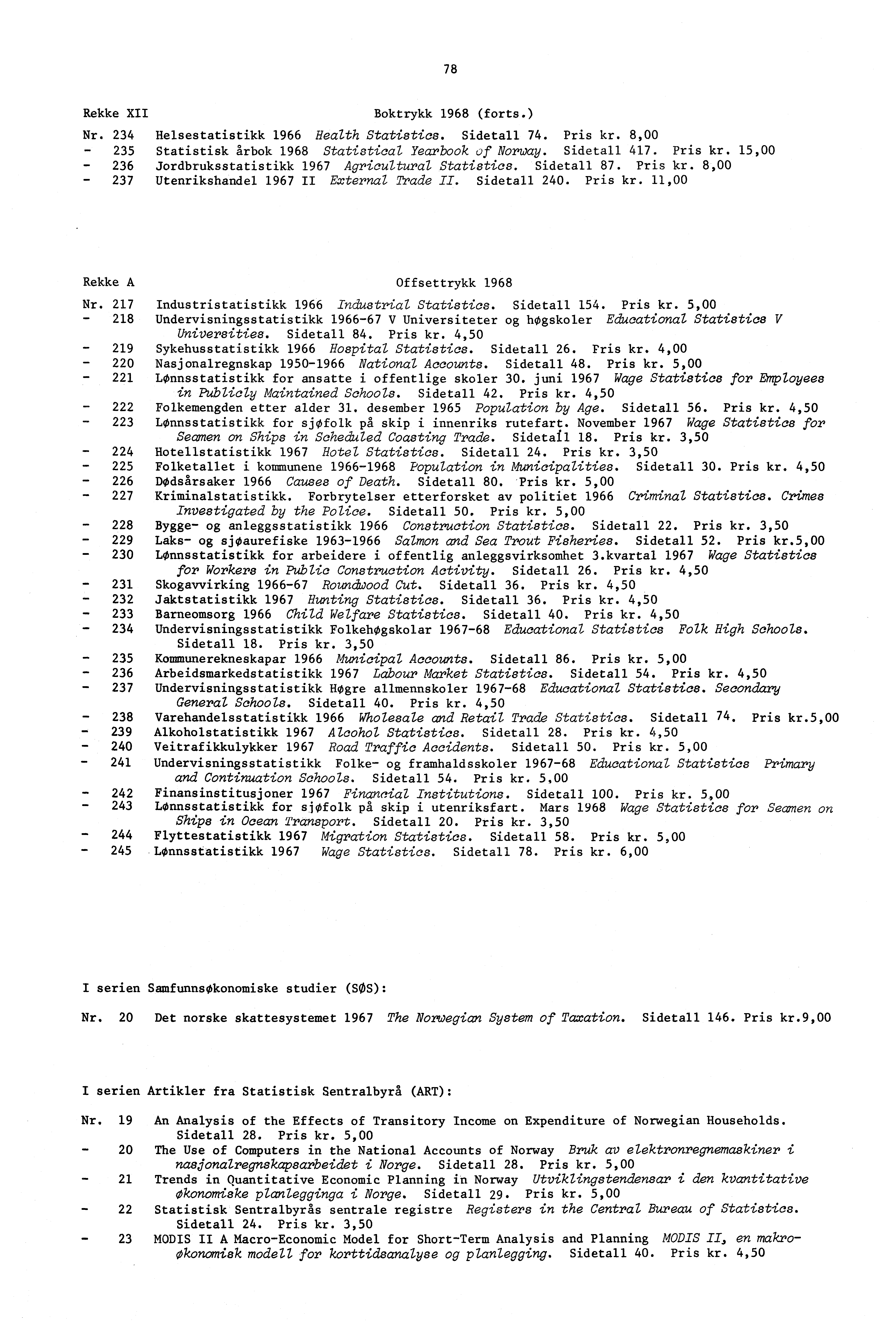 78 Rekke XII Boktrykk 1968 (forts.) Nr. 234 Helsestatistikk 1966 Health Statistics. Sidetall 74. Pris kr. 8,00-235 Statistisk årbok 1968 Statistical Yearbook of Norway. Sidetall 417. Pris kr. 15,00-236 Jordbruksstatistikk 1967 Agricultural Statistics.