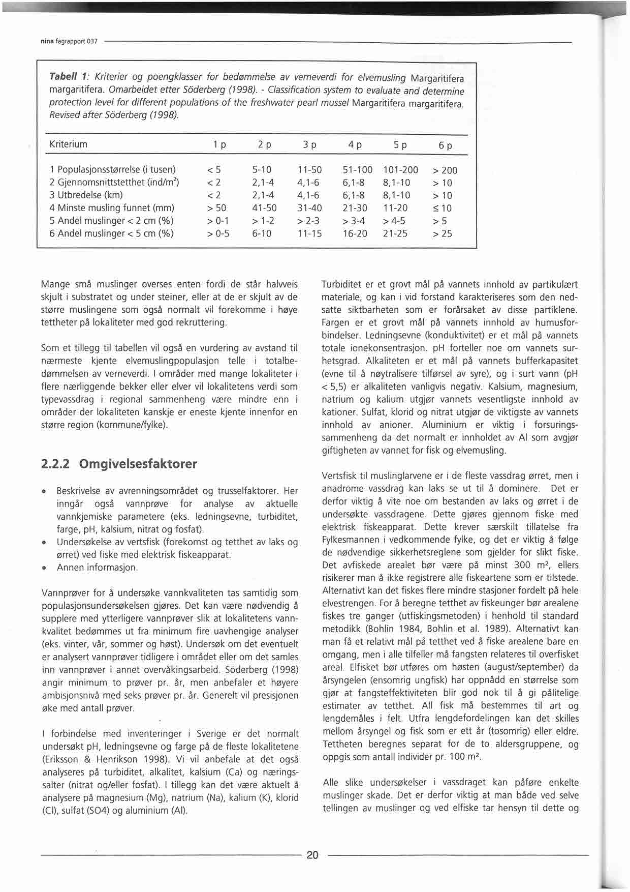 Tabell 1: Kriterier og poengklasser for bedømmelse av verneverdi for elvemusling Margaritifera margaritifera. Omarbeidet etter Söderberg (1998).