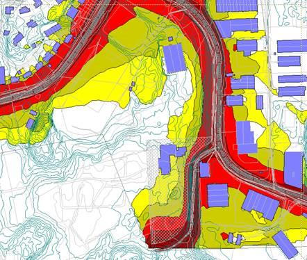 Utendørs lydnivå Med enkle støyskjermingstiltak vil mesteparten av egnet uteoppholdsareal ligge utenfor gul støysone, også for «worst case».