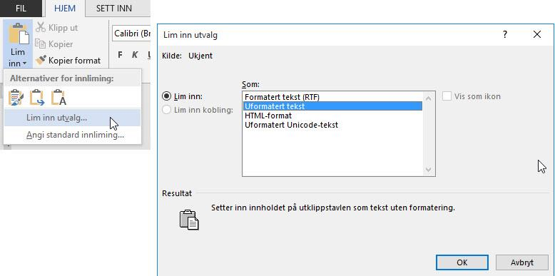 Dersom vedtaksbrevet blir skrevet i Word, vil du kunne velge alterntativer for innliming. Et av dem er å lime inn teksten med samme formatering som i vedtaksbrevet.