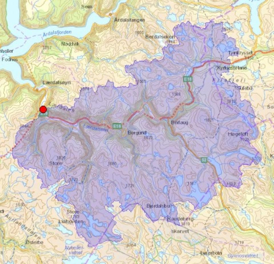 5 Figur 2. Lærdalselvi nedbørsfelt. Kilde: NEVINA (NVE.no) NEDBØRSFELT TIL KJERRINGGJEL Dette er et uregulert felt på 9,2 km 2. Det er noe langt og smalt.