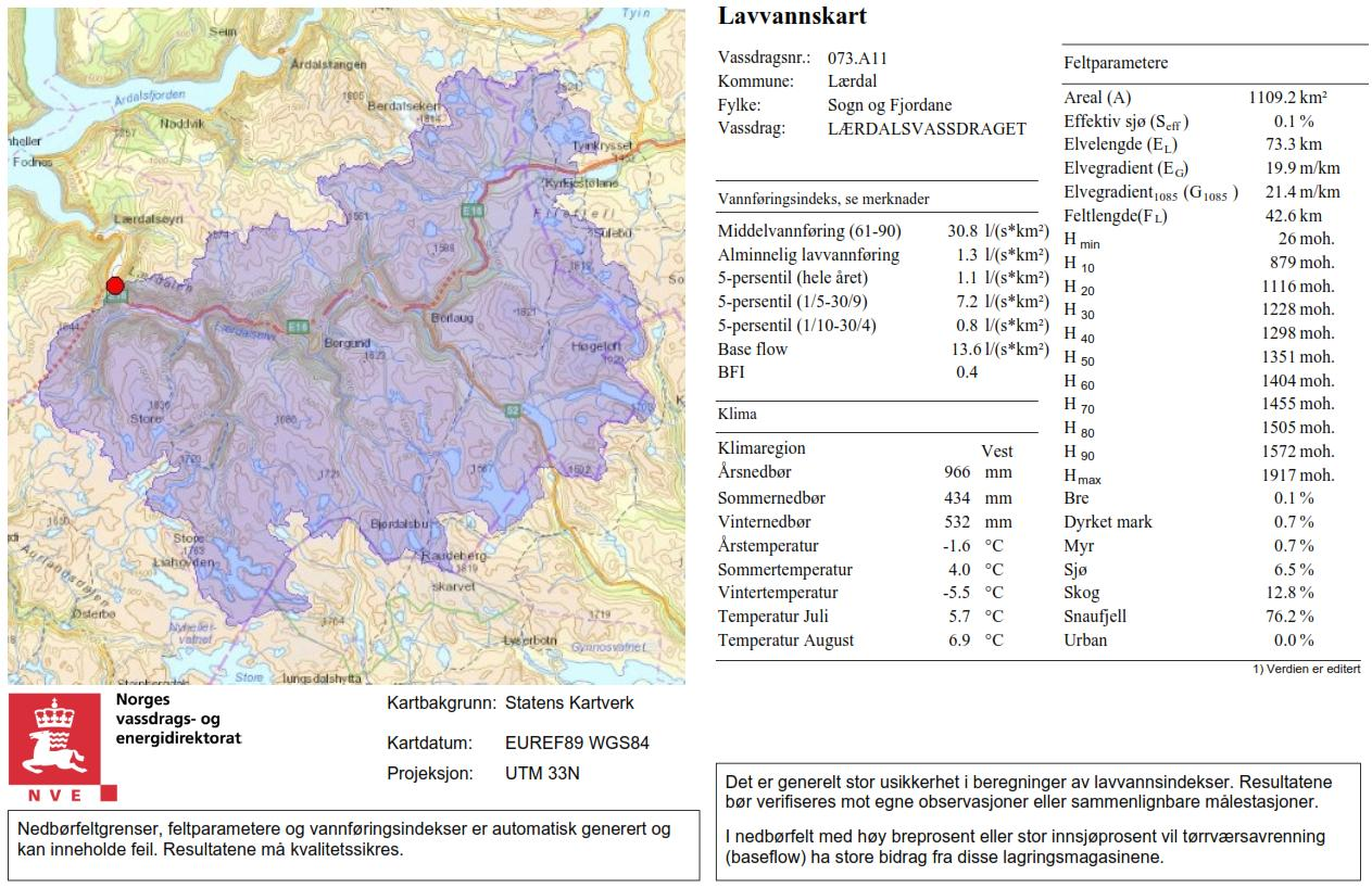 VEDLEGG Vedlegg 1: Nedbørsfeltparametere for Lærdalselvi og Kjerringgjel ved Håbakken NP