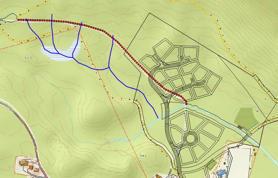 7 Avskjærende traktorsti Nordvest for planområdet går det i dag en eldre traktorsti som virker avskjærende på vannet som drenerer fra lia oppstrøms.